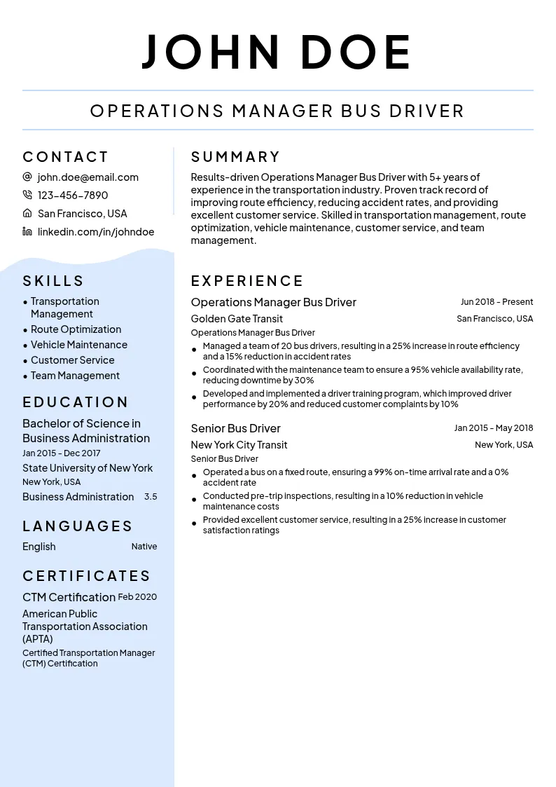 Operations Manager Bus Driver resume example