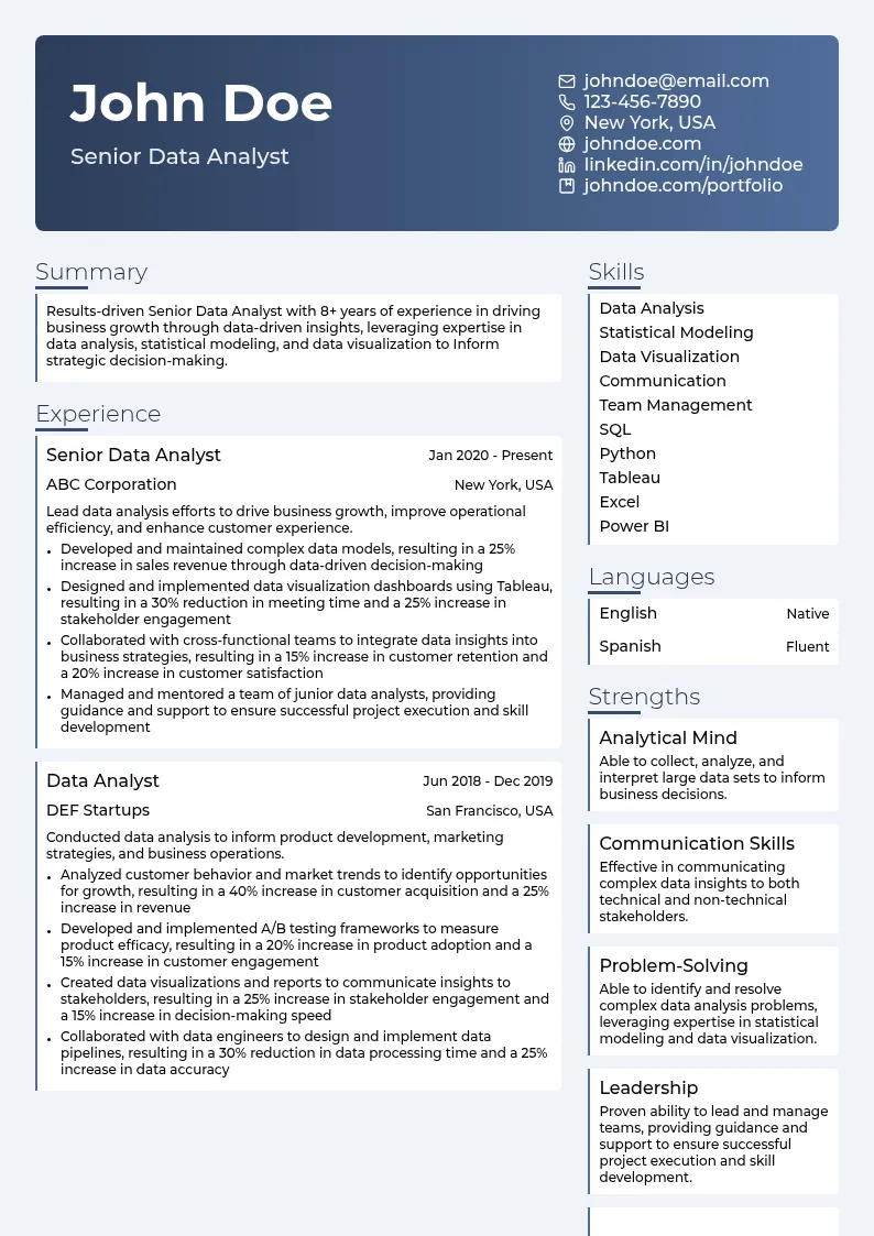 Senior Data Analyst resume example