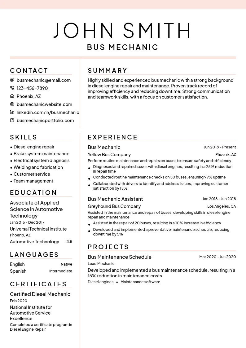 Bus Mechanic resume example