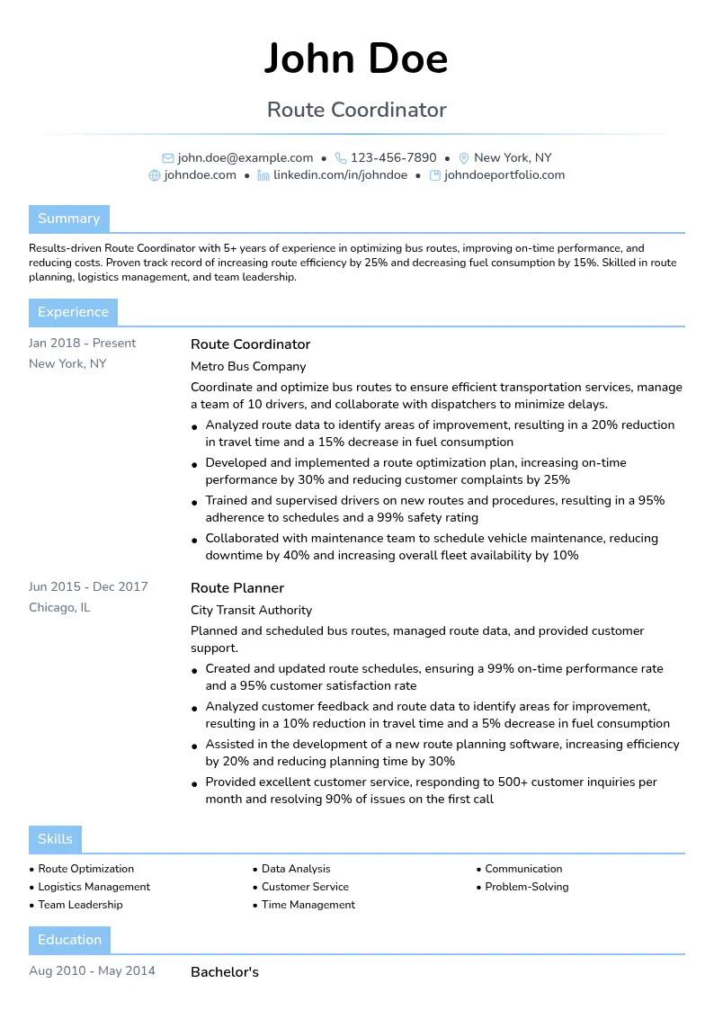 Route Coordinator resume example