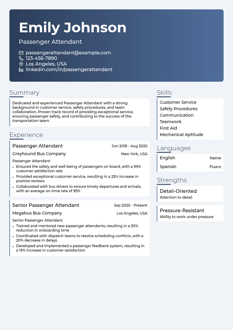 Passenger Attendant resume example