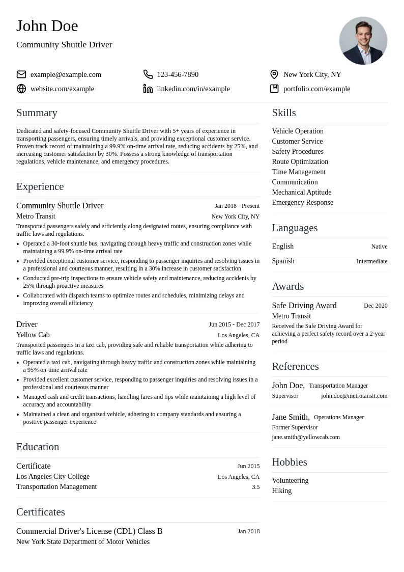 Community Shuttle Driver resume example