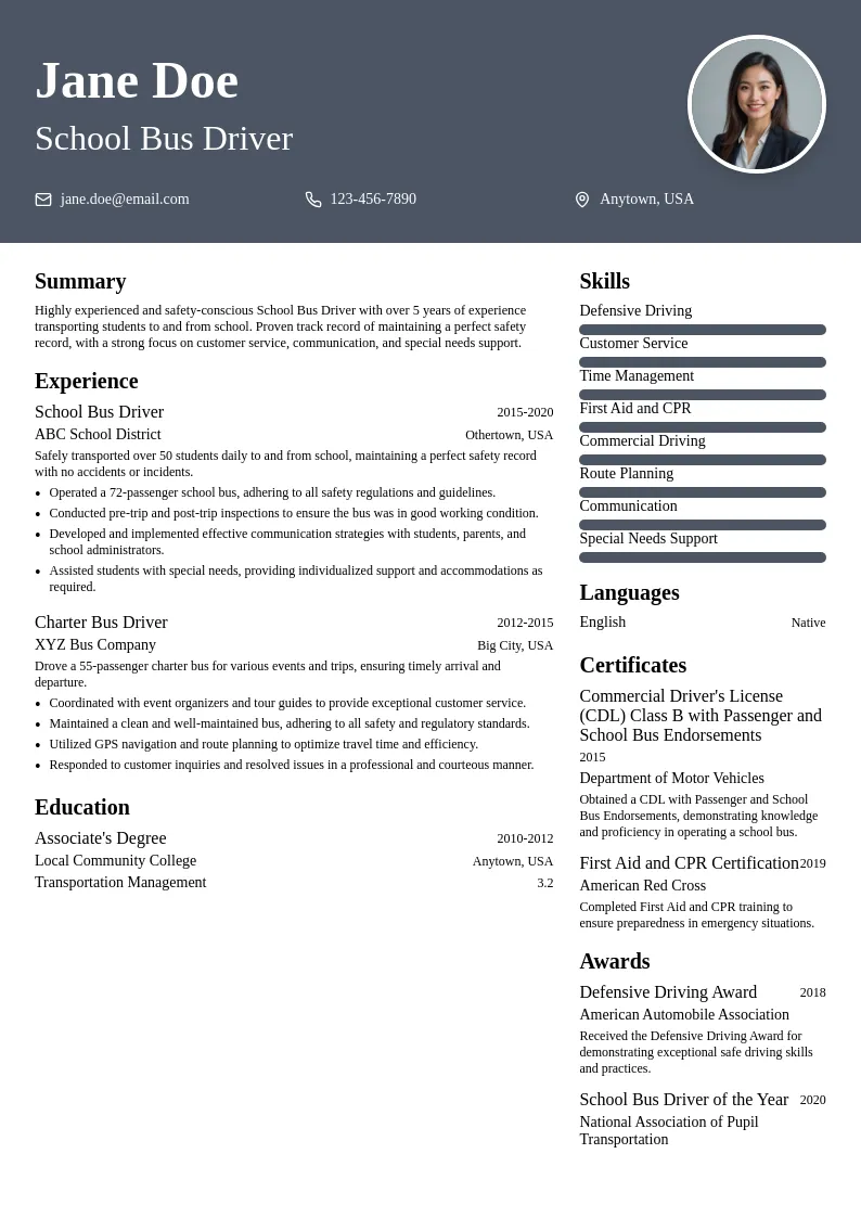 School Bus Driver resume example