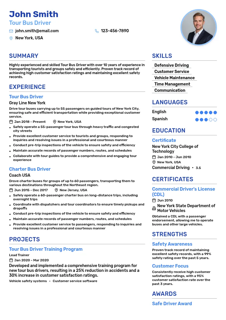 Tour Bus Driver resume example
