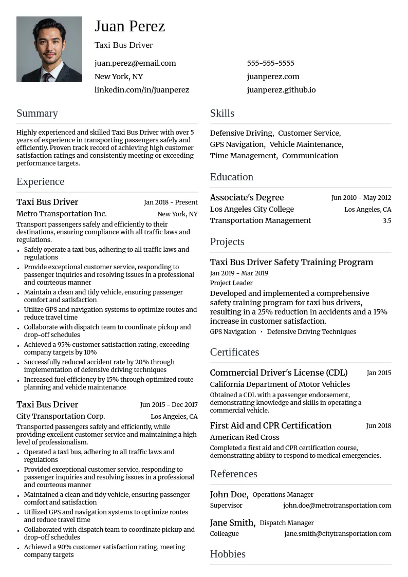 Taxi Bus Driver resume example
