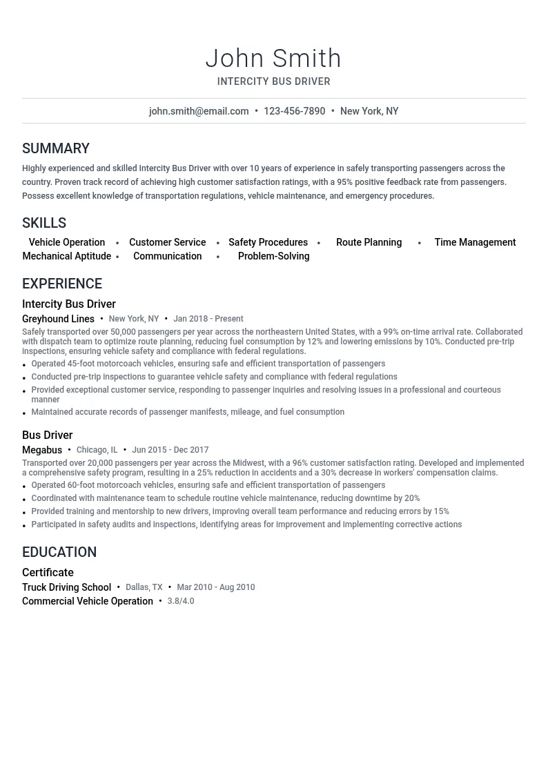 Intercity Bus Driver resume example
