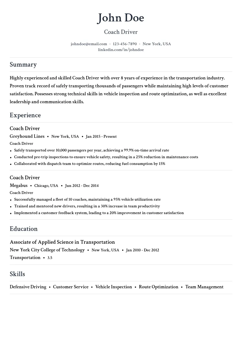 Coach Driver resume example