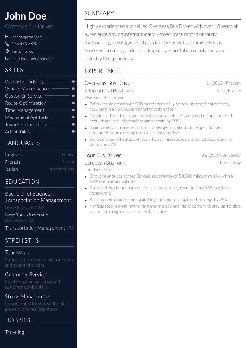 Overseas Bus Driver resume example
