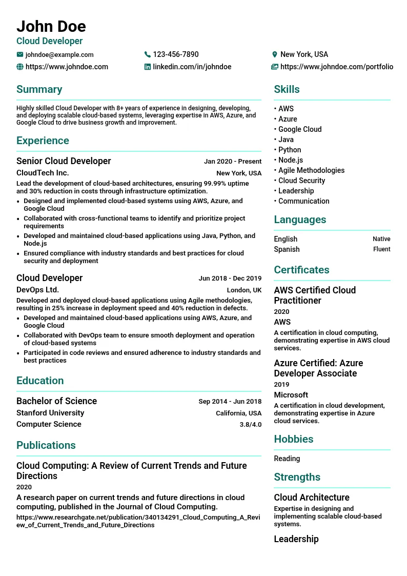 Cloud Developer resume example