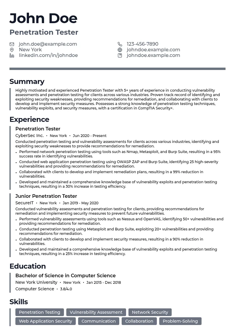 Penetration Tester resume example