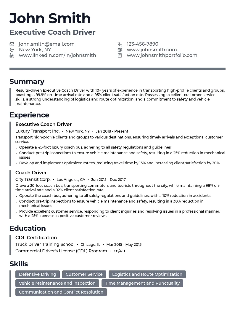 Executive Coach Driver resume example