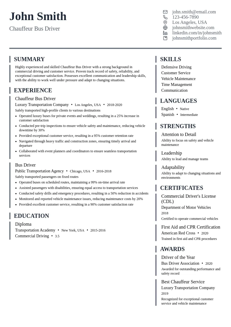Chaffeaur Bus Driver resume example