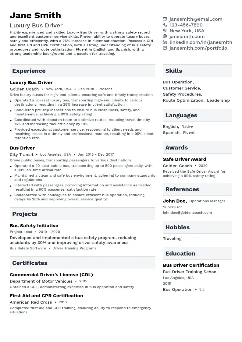 Luxury Bus Driver resume example