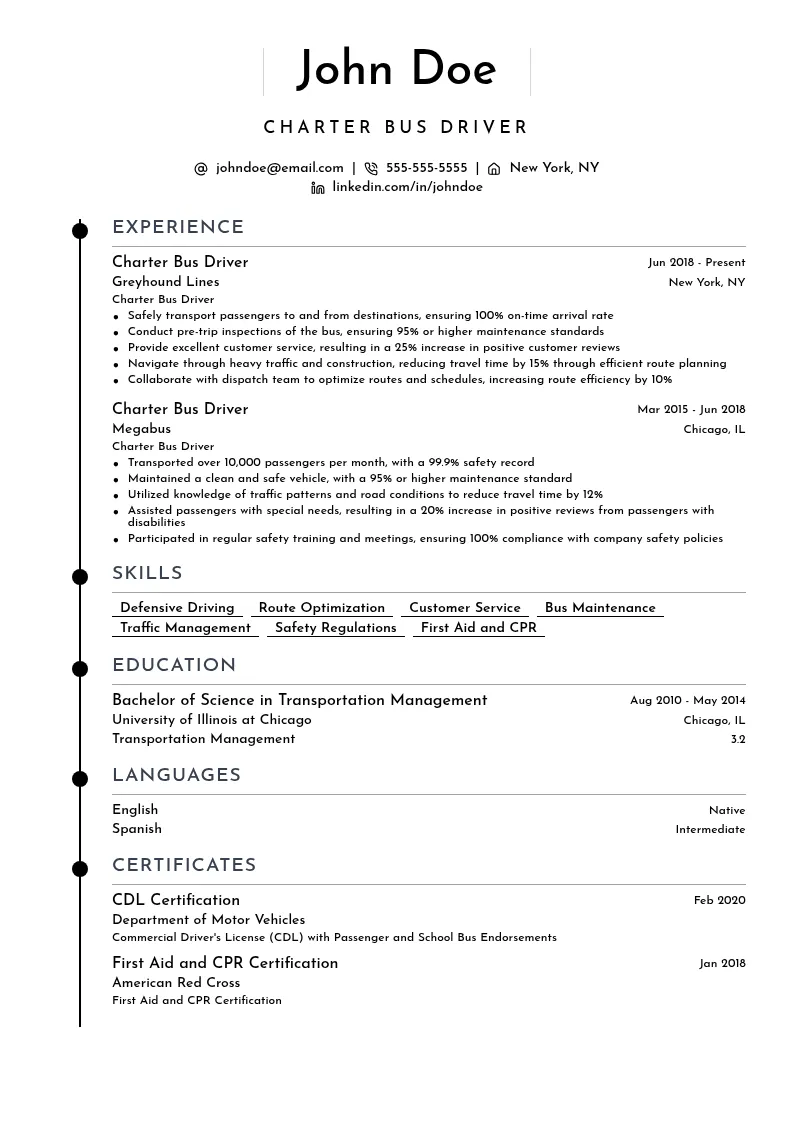 Charter Bus Driver resume example