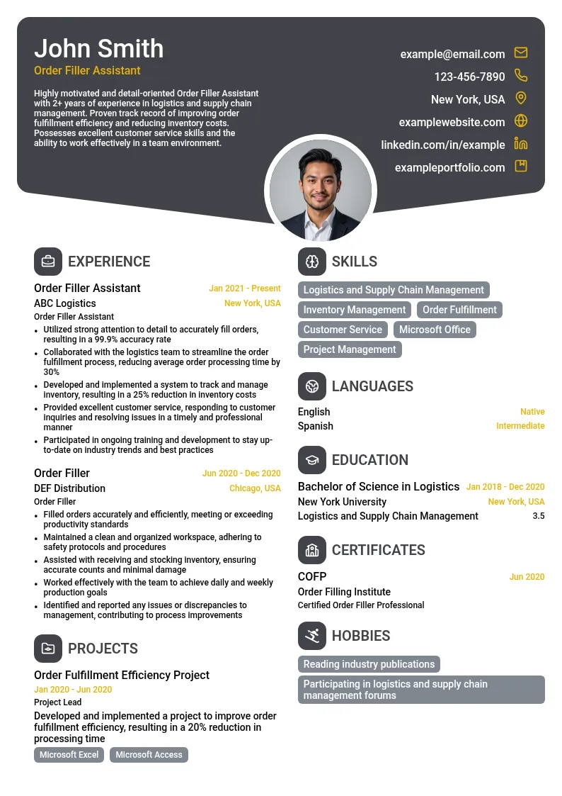 Order Filler Assistant resume example