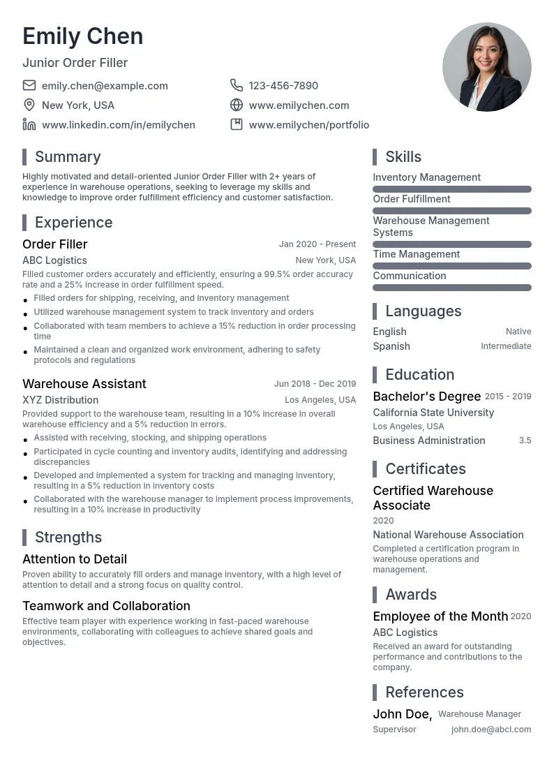 Junior Order Filler resume example
