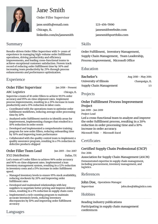 Order Filler Supervisor resume example