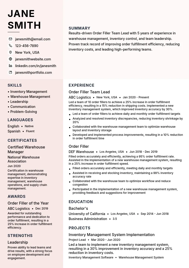 Order Filler Team Lead resume example