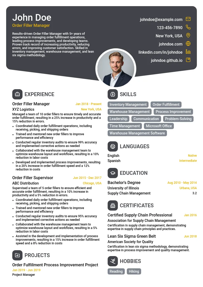 Order Filler Manager resume example