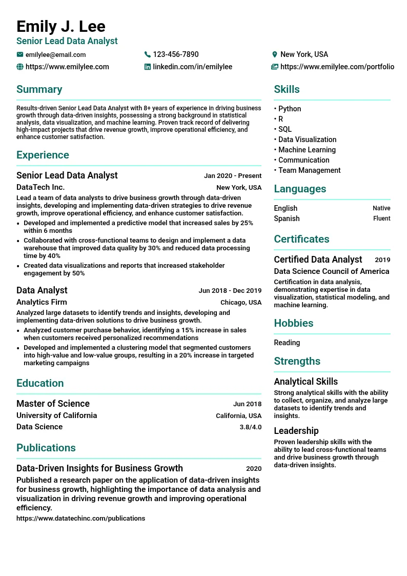 Senior Lead Data Analyst resume example