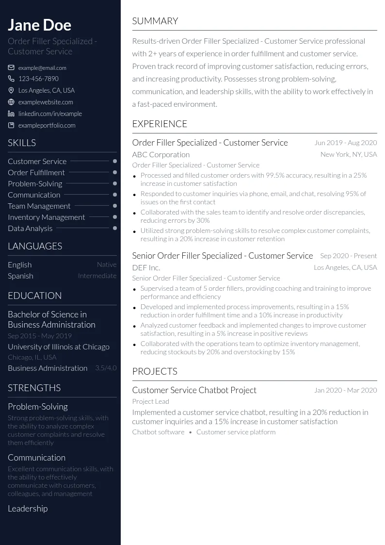 Order Filler Specialized - Customer Service resume example