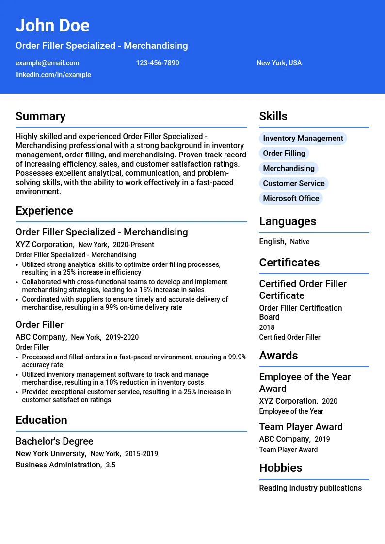 Order Filler Specialized - Merchandising resume example