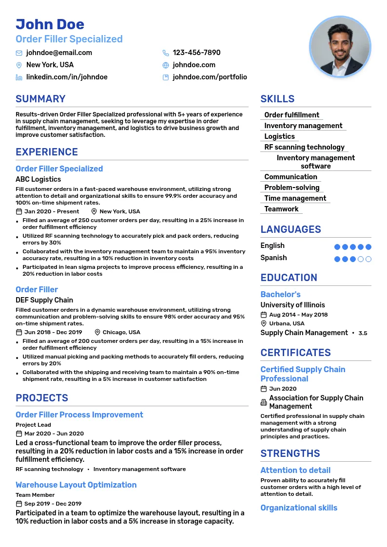 Order Filler Specialized - Supply Chain resume example