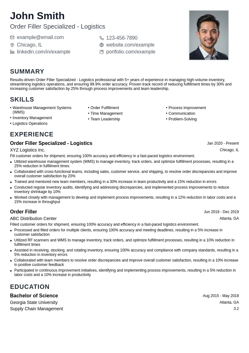Order Filler Specialized - Logistics resume example