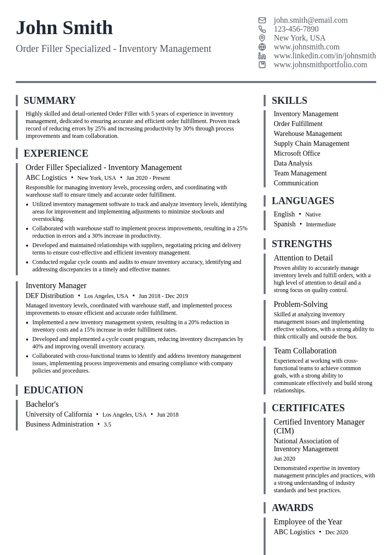 Order Filler Specialized - Inventory Management resume example