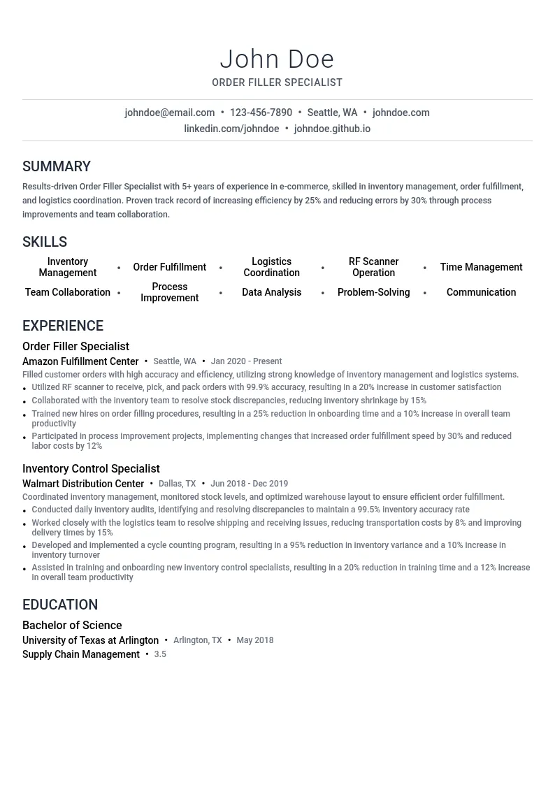 Order Filler Specialized - E-commerce resume example