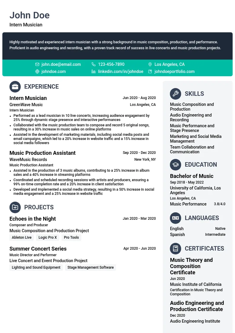 Intern Musician resume example