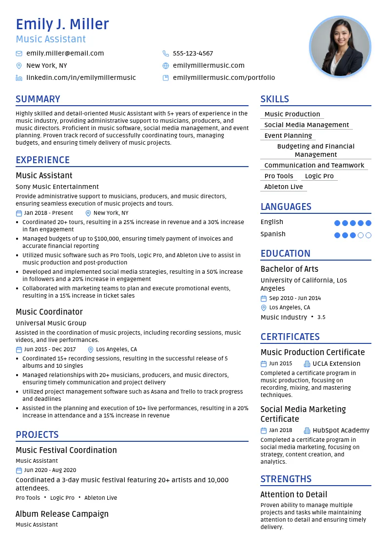 Music Assistant resume example