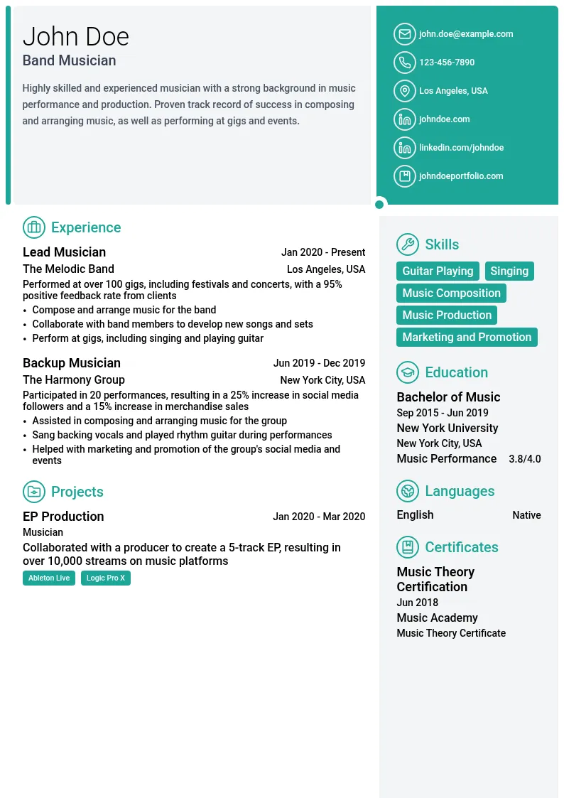 Band Musician resume example