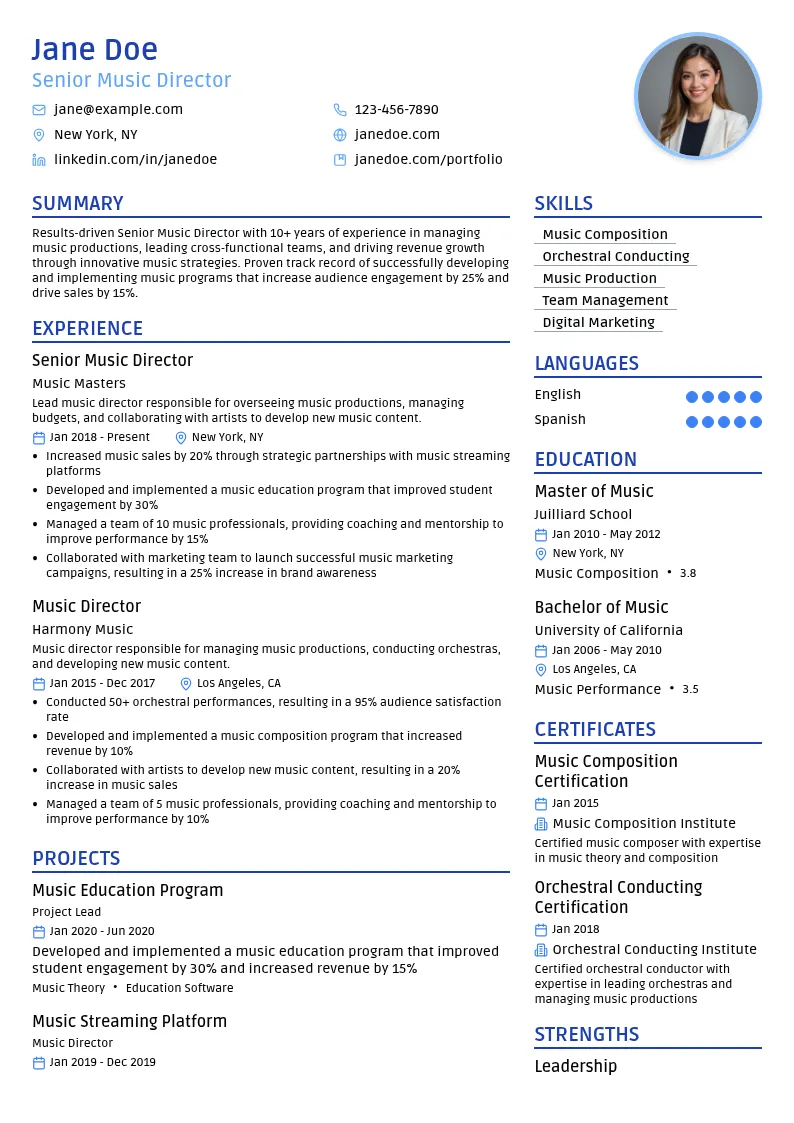 Senior Music Director resume example