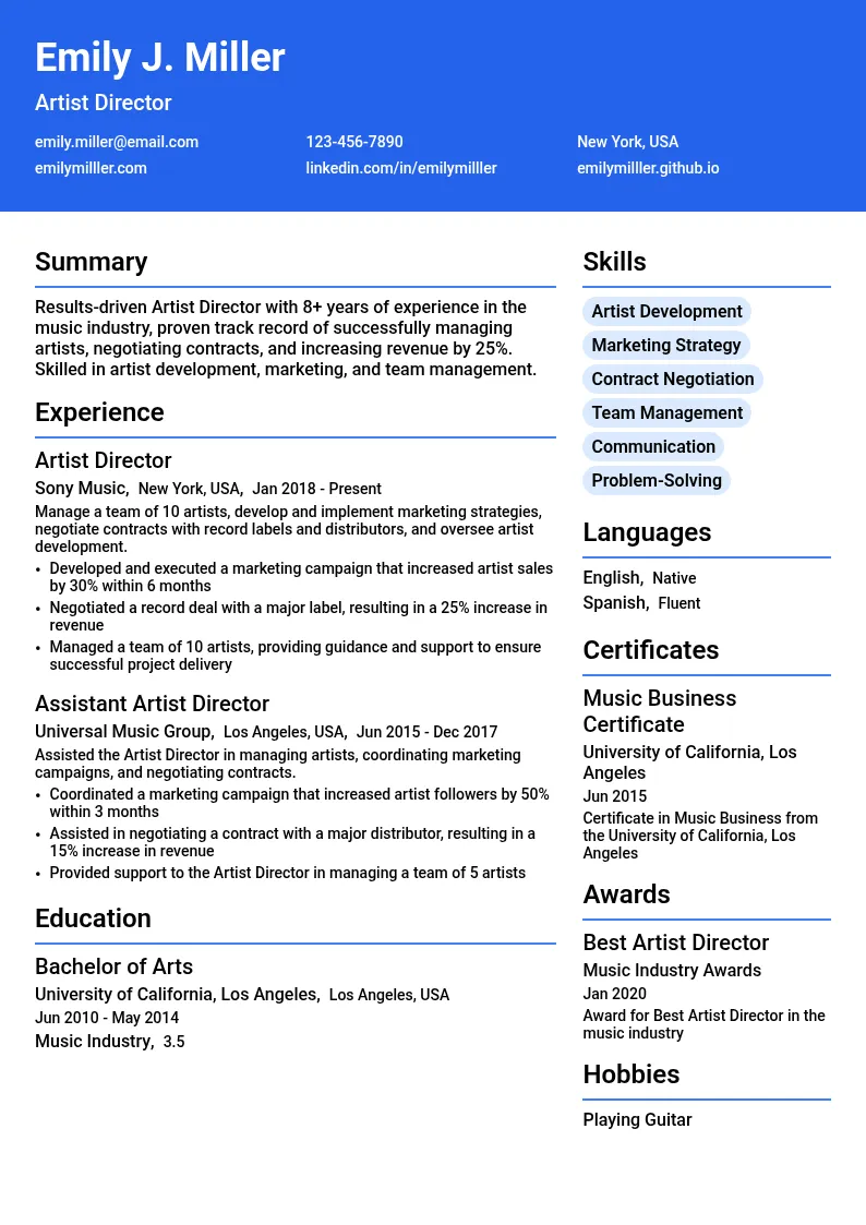 Artist Director resume example