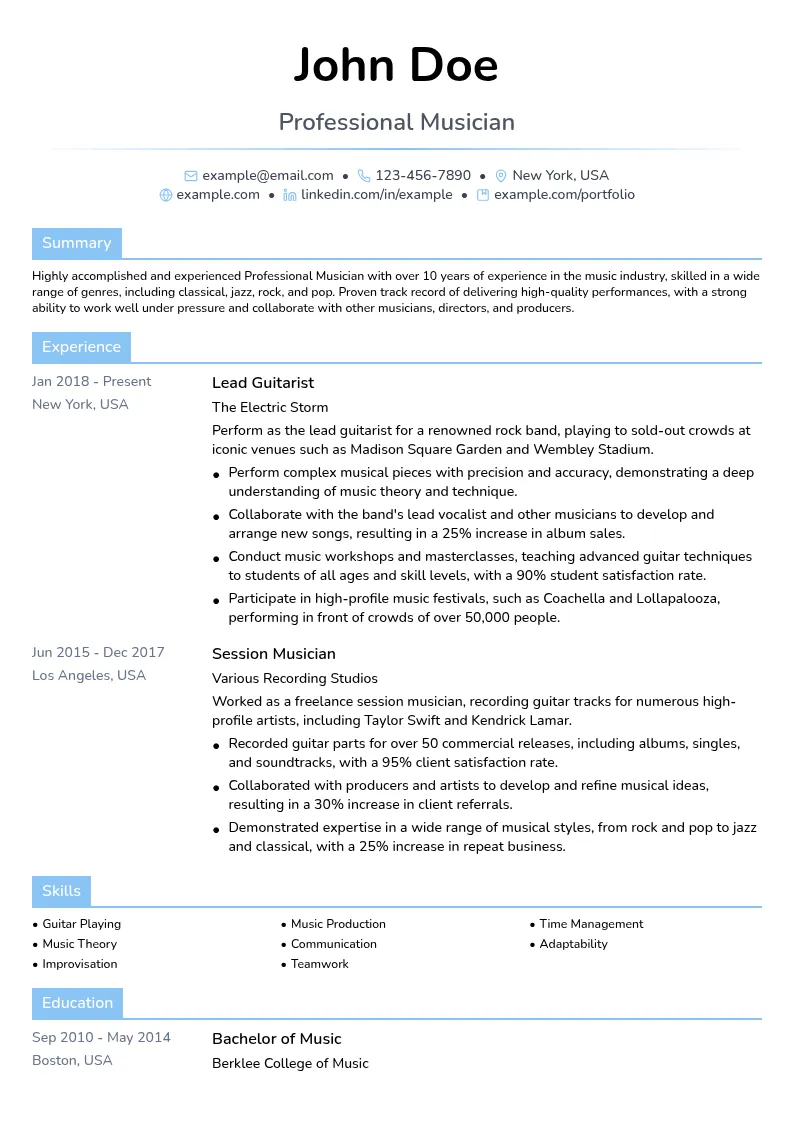 Professional Musician resume example