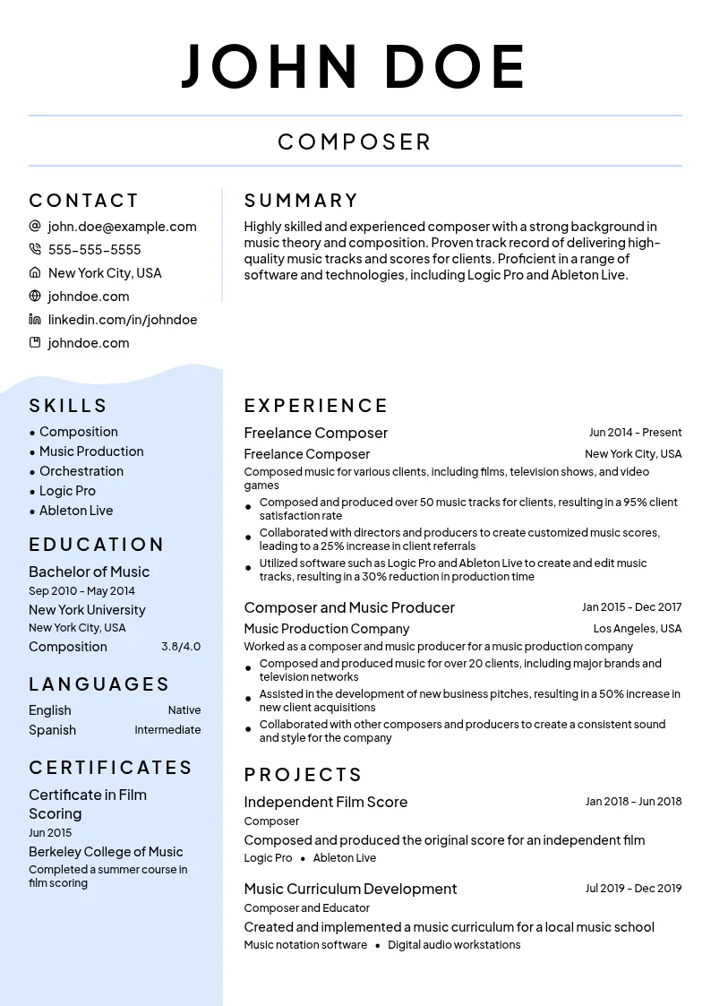 Composer resume example