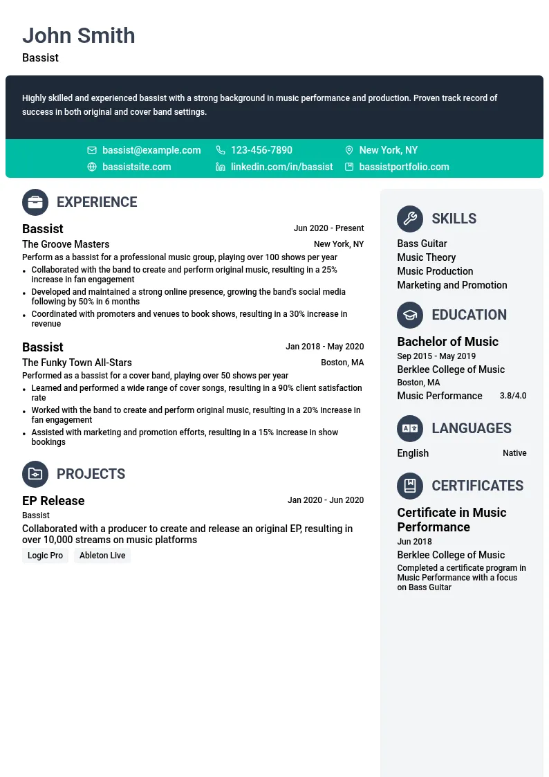 Bassist resume example