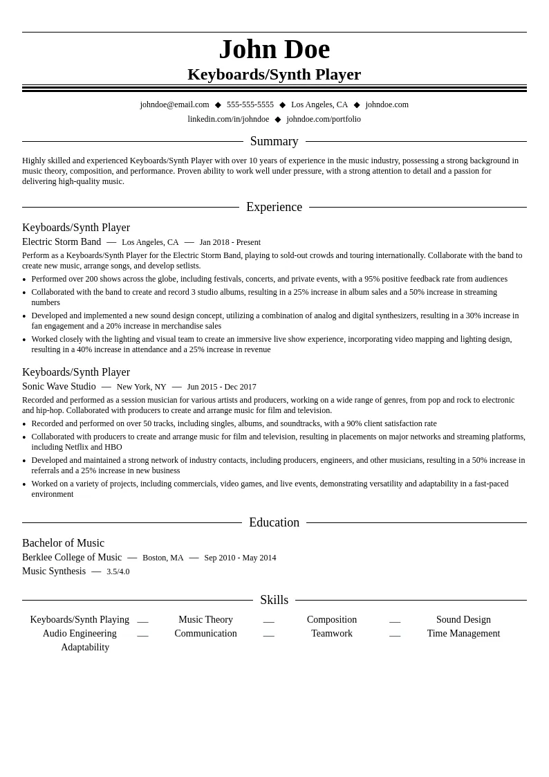 Keyboards/Synth Player resume example