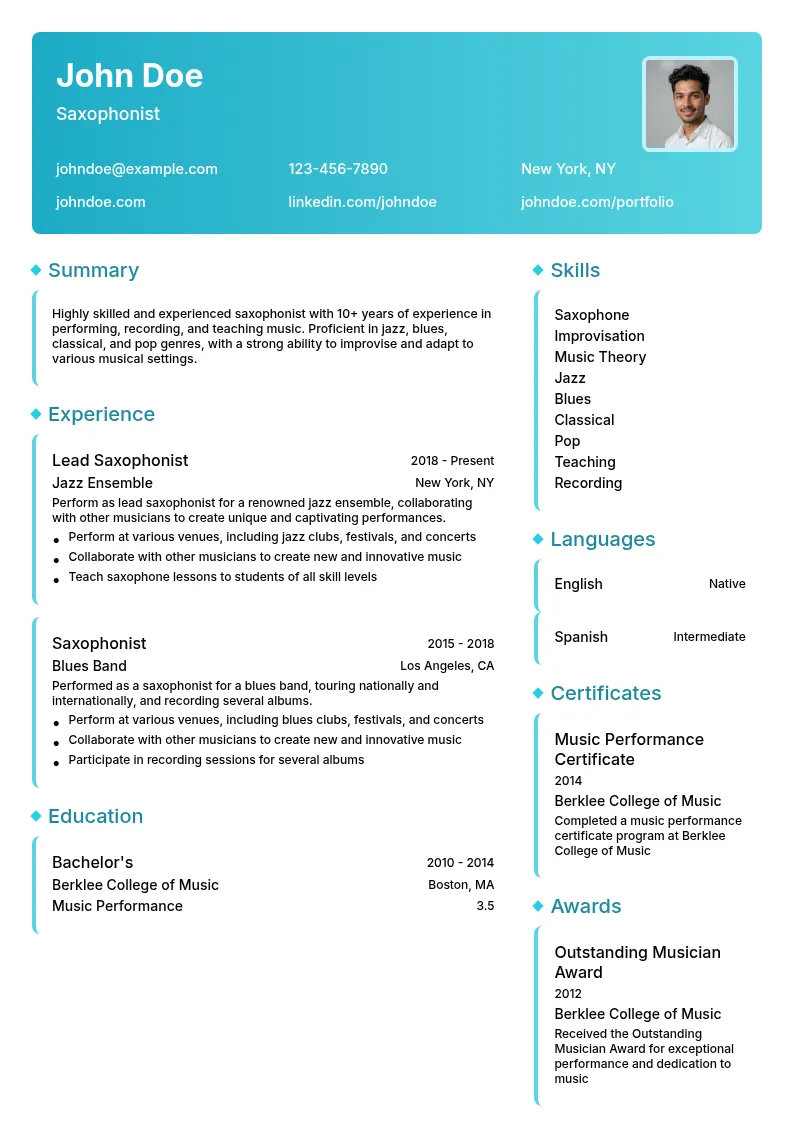Saxophonist resume example