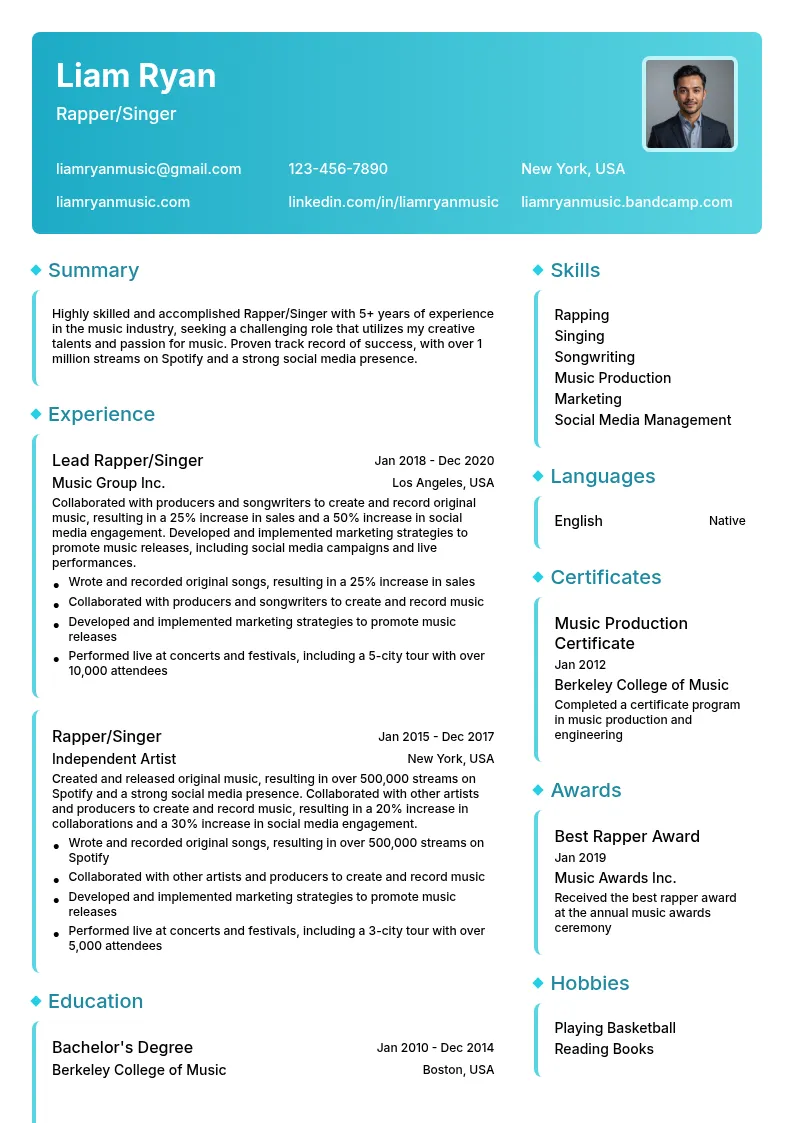 Rapper/Singer resume example