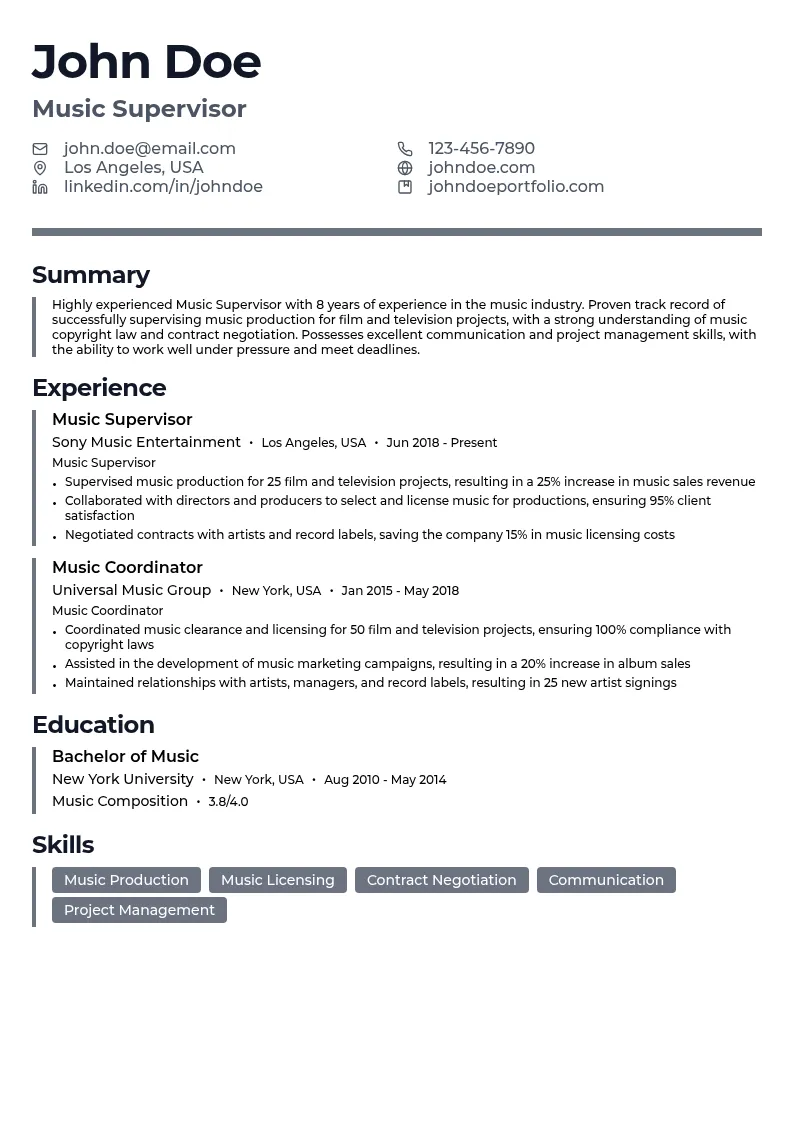 Music Supervisor resume example