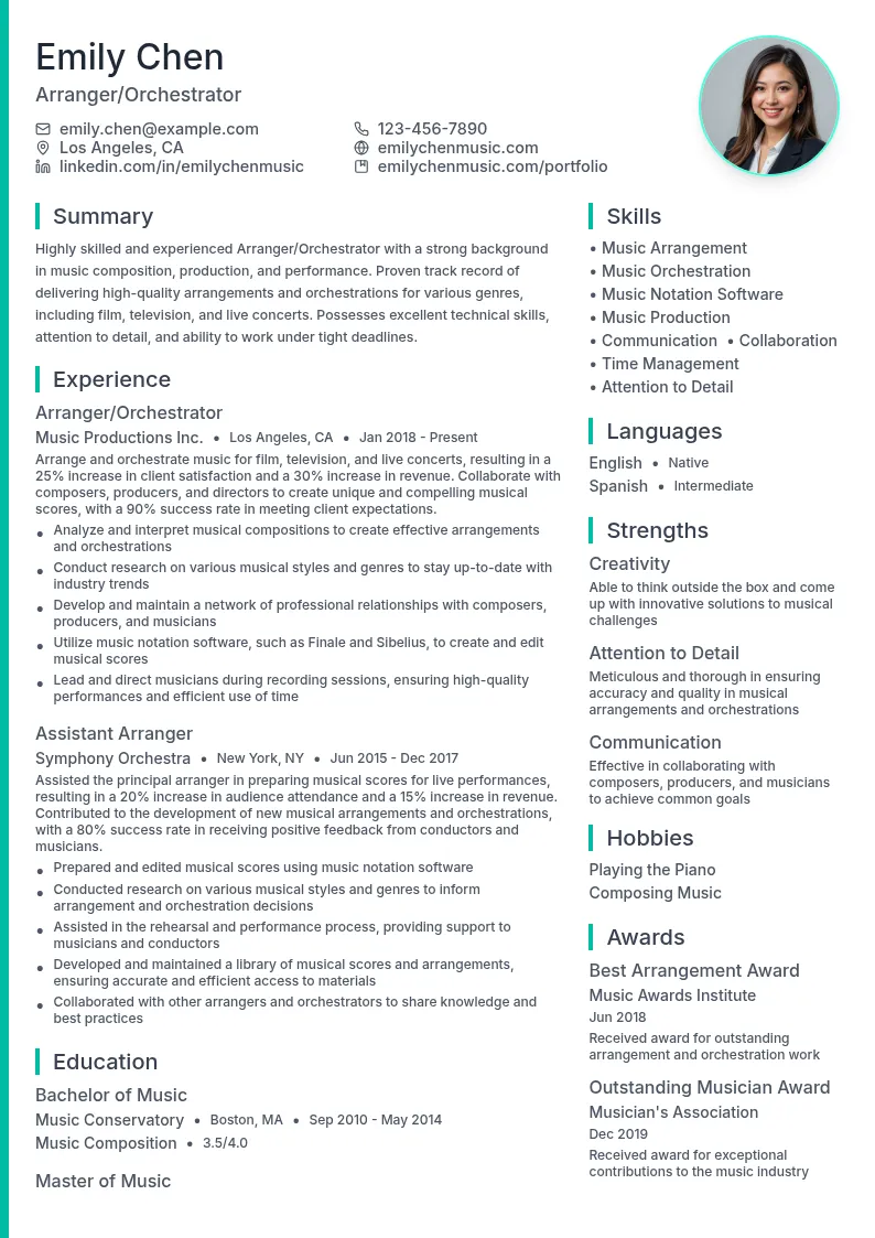 Arranger/Orchestrator resume example