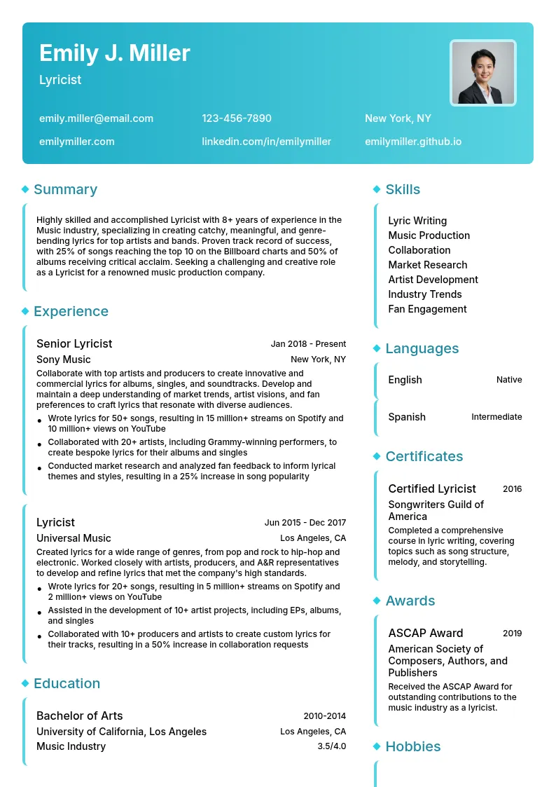 Lyricist resume example