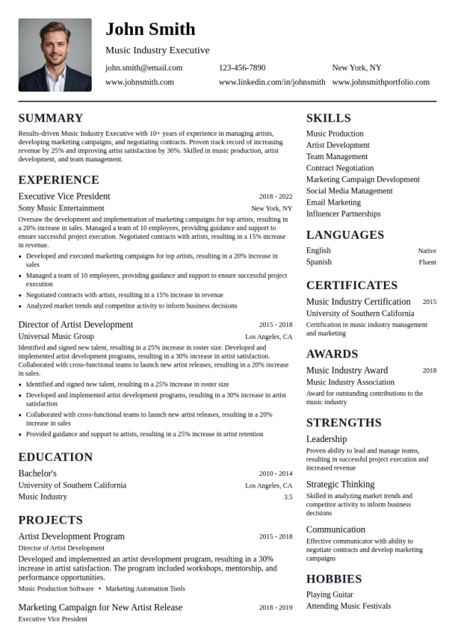 Music Industry Executive resume example