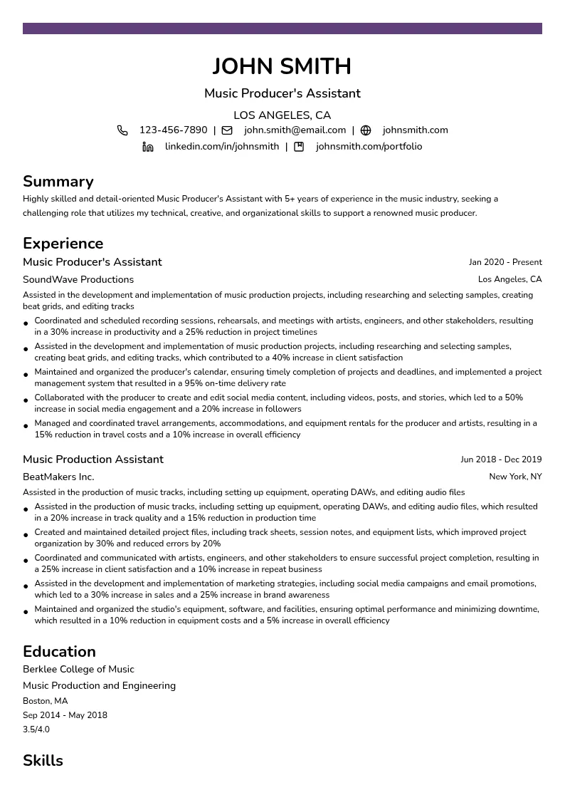 Music Producer's Assistant resume example