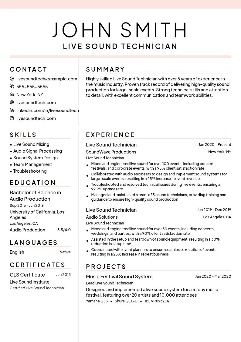 Live Sound Technician resume example