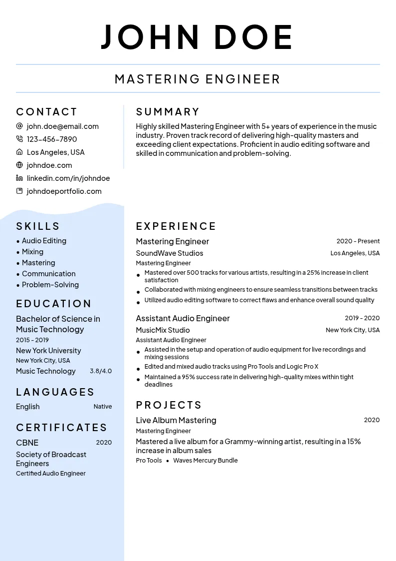 Mastering Engineer resume example