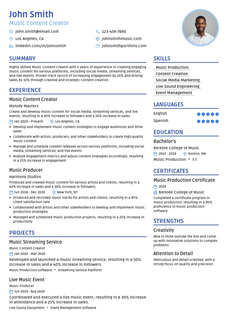 Music Content Creator resume example