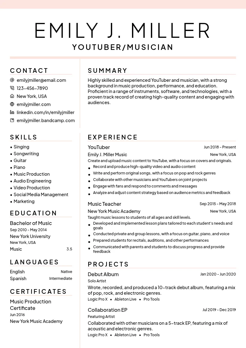 YouTuber/Musician resume example